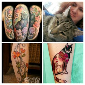 #meagandreamtattoo This is an idea board for a memorial tattoo of my cat Tiger in the style of Alphonse Mucha