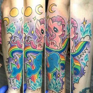 My forearm piece the original drawing was mine and the artist who made it perfect and tattooed me was Chris Hale at modified design Tattoo shop in Sherman Texas. #formykids #narwhal #mylittlepony #crystal