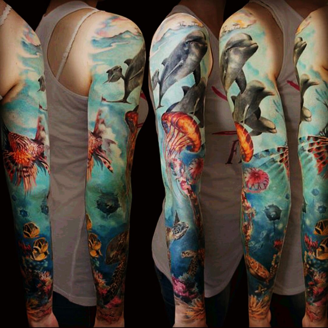 uniquetattoo tattoo legsleeve ocean turtle  TikTok