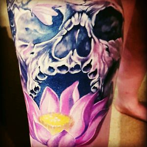 Skull with lotus flower in progress as full leg sleeve by Ivan Bor #skull #lotusflower