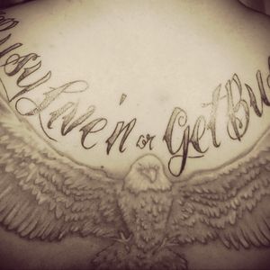 Script done two weeks ago. Says "Get Busy Live'n or Get Busy Die'n". The Bird that is supposed to be an Eagle is 7 yrs old.. It was done by 2 separate Artists. The tattooist that did the OutLine, in Hoppers Crossing. Turned out to be a police informant rat barsted. I went down for $60k worth of stolen X-Bows. I copped a suspended prison sentence, Regarding I MUST do 250hrs worth of community service and apply to the demands of a CCO for a year &a half... So needless to say I wasn't going back to that shop unless it was to hurt the maggot. ....So I had a chick tattooist near Werribee Station finish it for me. I think she did a good job Shading it.