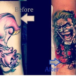 Amazing cover-up, lower part of my comic theme sleeve, work-in-progress by Trevor Jameus (@roveink) of Ascending Koi. That shop is full of positive, amazing people#coverup #joker