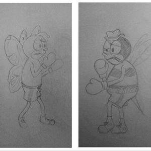 #magandreamtattooFloat like a butterly, sting like a bee... 30s cartoons style :)It's just a sketch without colors. One on the left leg and one on the right leg, so while I "jump" around on the ring they'll engage in their eternal fight between boxing styles (and ways of living)