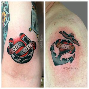 Good luck shoe and anchor with bannerFor info or bookings pls contact us at art@royaltattoo.com or call us at + 45 49202770#royal #royaltattoo #royaltattoodk #royalink #royaltattoodenmark #anchortattoo #anchor #banner #name #shoe #horseshoe #good #luck #traditional #traditionaltattoo #color