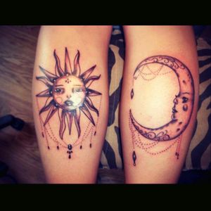 Sun and moon calf tattoos. #sunandmoon #calftattoo #calf #blackandwhite #ink #inked #tattooed #tattedupbabes  #inkedaddict #Inkedandpretty