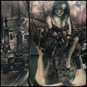 #sexy #black #tattoo #moto #motorbike #grave #graveyard #scenery #story #rip #tattoo #blackwork #black #darkink #blackandgrey #details #fenomenal