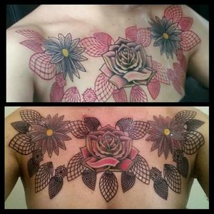 Originally done in red, the fine lines started to fade. Redone in black with more color added to the flowers.