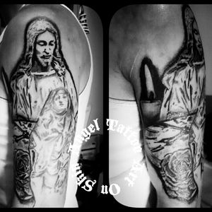 Religious Sleeve On Progress By Thanos Angel #Jesus #VirginMary #Candle #Clock #Rose #AngelTattooArtOnSkin #ThanosAngel