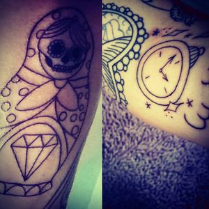 Clock piece and Russian doll in the theme of day of the dead (also know as dia de los muertos)#clock #russiandoll #clock #tattoo #fresh