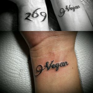 Tattoo vegan frendly written on wrist 5cm done with all vegan material