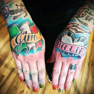 Both hands done by #JamesRobbins at #BodyGalleryTattoos. Remembrance tattoo for my mom and dad who both passed from cancer. #fuckcancer