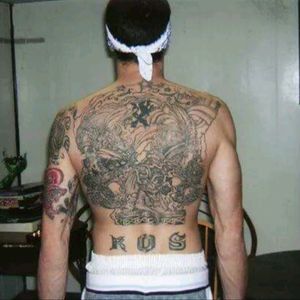 Chain gang back piece, homemade gun with stensil