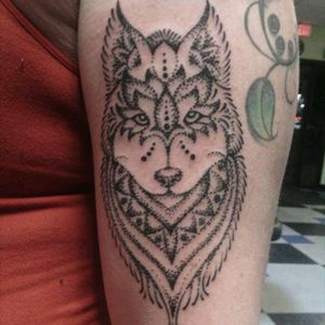#dotwork #wolf #tattoo by Nate F. #pointalist #tattoos #tattooartist #love #awesome #animaltattoos #wolftattoo #mandala #mandalawolf #fancy #blackandgray