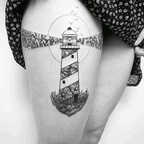 By #Iosep #lighthouse #flowers #dotwork
