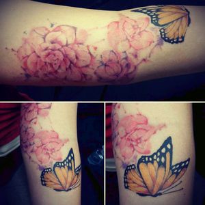 Camelias & Butterfly by Morel Ortega. 🌸💕#tattoo #GuatemalanTattoo #Butterfly #floral #flowers #firsttatoo #watercolor