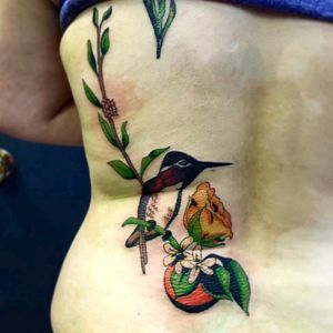 Tattoo and photo by Allison at Jaded Angel in Ames IA #hummingbird #memorial #olivebranch #yellowrose #fruit #orangeblossom