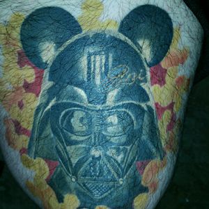 Got this idea when disney bought star wars, so why not get it tattooed. Done by Hollis Cantrell from Iconic Tattoo in AZ.  Btw, this shit hurt. P.s. please excuse my white harry fat leg. Also, got two more passes on it.