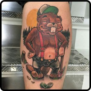 Lumberjack Beaver by Théo For info or bookings pls contact us at art@royaltattoo.com or call us at + 45 49202770#royal #royaltattoo #royaltattoodk #royalink #royaltattoodenmark #color #beaver #lumber #lumberjack #animal #smile #happy
