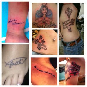 Just a few of my tattoos.The wrist tattoo is in memory of my grandmother. It says "love Mammaw" and was at the bottom of the last letter she wrote me.The angel is in memory of my aunt. The tattoo on my collar bone says "God is still working on me" I got this as a reminder that my story isn't over.. My God isn't done with me yet. He's going to use me for so much more..The foot tattoo is just a reminder of my faith. The rose was supposed to be s starter for my half sleeve but never got finished. The cross on my hip says Philippians 4:13 on it. That verse says " I can do all things through Christ who strengthens me." The rib piece is a key that says "God never shuts one door without opening another" just a reminder that God closes and opens opportunities in our lives for a reason. As you can see a lot of my tattoos are based off of religion. I decided to use my tattoos as a way to witness to people. But there are several tattoos that I want to get just because I like them! Not all of my tattoos will be religious. I love all types of tattoos. They're all beautiful and unique to the person that gets them!