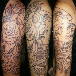 Line Work Progress of a payasa / clown saint by my mentor Alayna Magnan at Rabble Rouser Tattoo #lineworktattoo #saint #roses #AlaynaMagnan #rabblerousertattoo