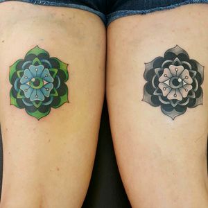 Matching eye mandalas tattoos by Sam Ramsey