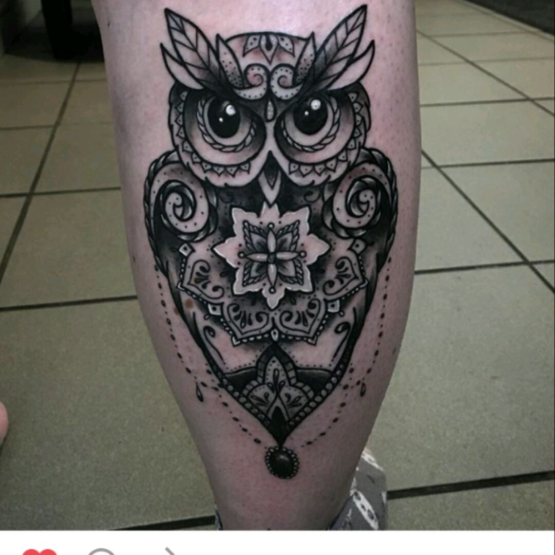 Tattoo uploaded by Kelci Horne • Mandala owl on calf #girlswithink  #girlswithtats #owltattoo #girlytattoo #blackandgreyink #tattoo  #tattedchick • Tattoodo