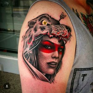Done by R13CH from Embellished Ink, Bournemouth.#warrior #wolfsheadtattoo #blackngrey #colour #realism #neotraditional  #upperarm