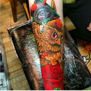 Done by R13CH of Embellished Ink, Bournemouth Such a solid piece! #colour #color #newschool #owl #rose #eye #bold #red #green #orange #brown #forearm