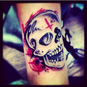Done by Chris Byrne of CULT XIII TATTOO STUDIO, Poole, UK #skull #blacknred #abstract #colour #color #cultxiii