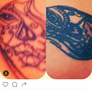 The dead girl tear drop on the left I did on my right side and the one on the right I did on my wife's left thigh and I added uv ink on hers