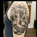 Done by Justin Dunwoody at Eastern Pass Tattoo Co. #lighthouse #lighthousetattoo #blackandgrey