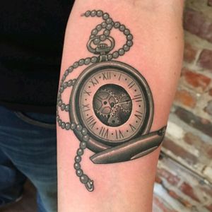 Done by Justin Dunwoody at Eastern Pass Tattoo Co. #pocketwatch #pocketwatchtattoo #blackandgrey