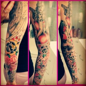 Full sleeve done by SOUTHWEST TATTOO STUDIO in Bunbury, Western Australia#colouredsleeve#sleeve#roses#anchor#lady#angel#cherries#skull#car# checkered#promogirl#pinupgirltattoo