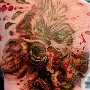 the BEAST within - 21 hrs of direct needle time,16 different colorsartist - Sheila Norris aka the Green Dragon. #back #beast #scary #bloody #tornskin #creature #werewolf #sheilanorris #greendragon