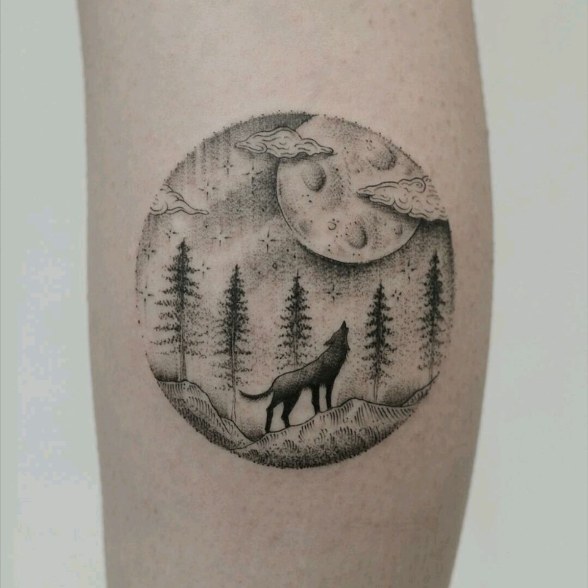 Tattoo uploaded by Claire • By #HannahNovaDudley #wolf #tree #landscape #dotwork • Tattoodo