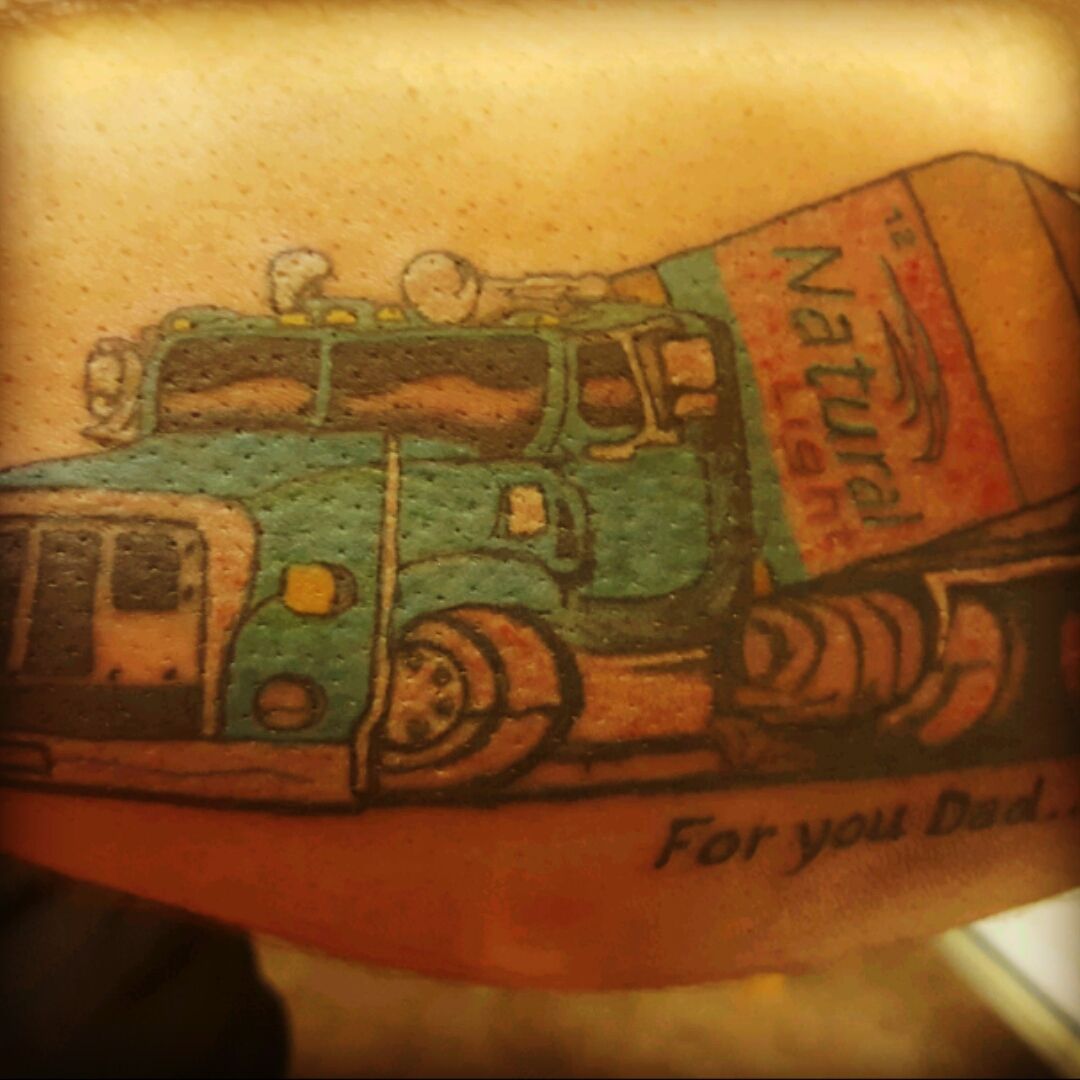 Tattoo uploaded by Derek Bailey • Custom for my buddy. Dedication to his  dad thats a concrete truck driver and loves to drink natural light. Lol •  Tattoodo