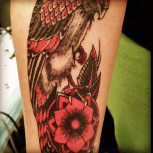 My wifes inside forearm. Her late grandmother always call her, her little red bird. In memory of piece