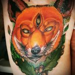Fox done by Cody Welch at The Brass Quill Gallery in Valdosta, GA. #fox #transcendentalism #neotraditional #foxtattoo #yodyvelch #thirdeye #orange #fall #acorn #leaves #linework #color #vibrant #blind #thigh