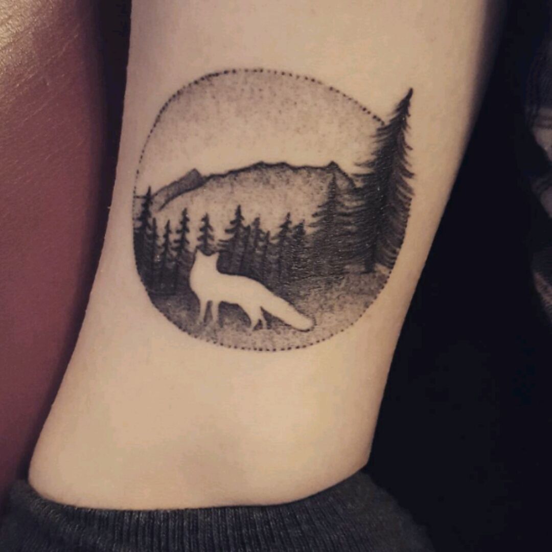 Tattoo uploaded by Naoise • Done by Peppe Galla at ADHD. Inspired by similar style tattoos but created one of a kind by Peppe. #Cork #tattoo #circletattoo #dotwork #blackwork #fox #trees #forest #