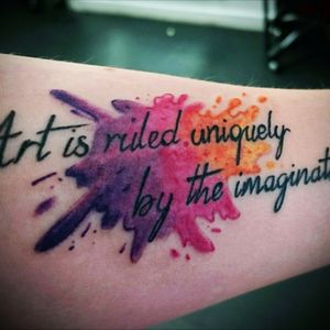 My first tattoo! The quote reads 'Art is ruled uniquely by the imagination'. I love to draw and have done since I was little, I really love this quote! The watercolour was free-handed at the time x