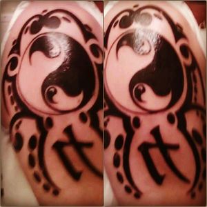 Custom Tattoo - Yin Yang over Japanese Strength symbol - "Strength to handle the good with the bad"