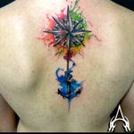 Watercolor compass and anchor tattoo By Estúdio Allano Tattoo #allanotattoo #inklovers #inked #watercolor #watercolorcompass #anchor #rosadosventos #ancora #aquarela #aquarelatattoo