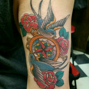 #traditionaltattoo #swallows #compass #traditionalroses. #JerseyCityTattoo