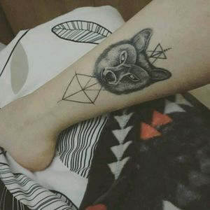 My customers made wolf design made by Molly at Lose This Skin in Cork #wolf #geometric #dotwork #linework #calf  #ankle #firsttatoo #favourite