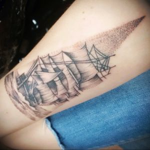 First tattoo 💪#ship #dotwork #forearm #sea