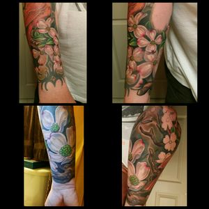 Virginia boy, so some dogwood action all over my sleeve. Whole sleeve minus the nautical star and tribal done by #andychambers #studioevolve