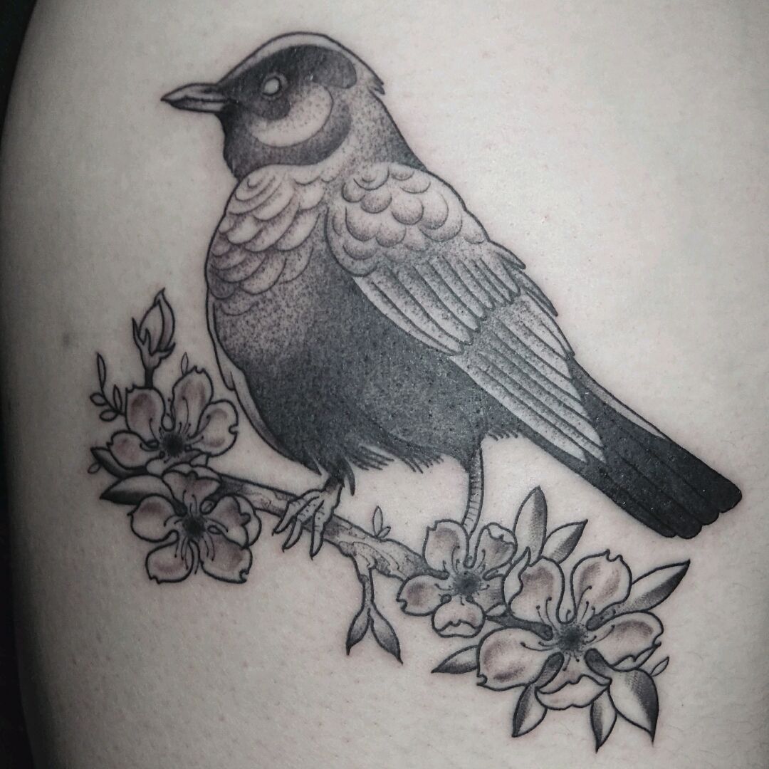 Tattoo uploaded by Alex M Krofchak • #dotshading #dotworkanimal #dotwork  #blackwork #blackbird #blossom • Tattoodo