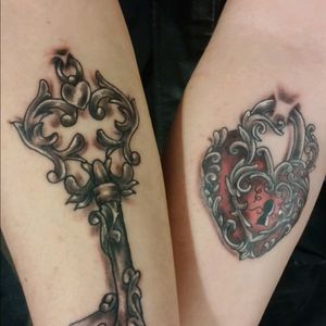 Heart locket and key, husband and wife tattoos