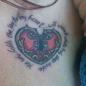 Two different tattoo artists did this one. One the heart and the other the wording