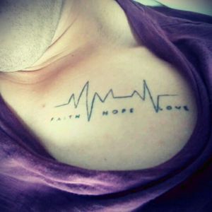 Chest tattoo #chest #black #blackandwhite #nocolor #faith #hope #and #love #lefttattoo #phrase #sentence #cardio #electrogram